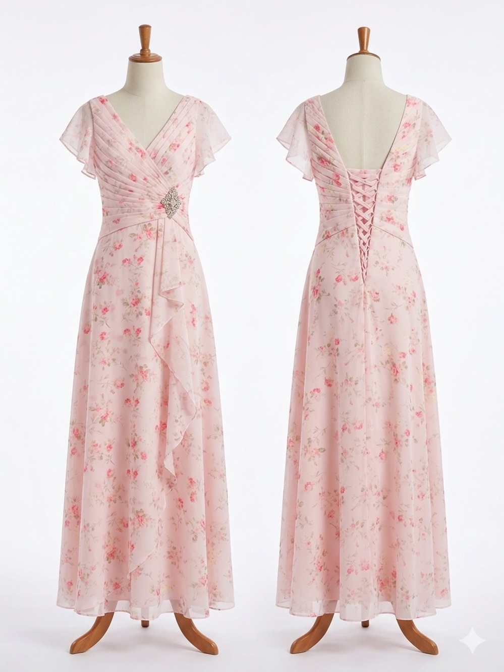 Elegant Pink Floral V-Neck Chiffon Dress with Lace-Up Back